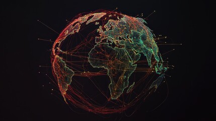 Digital globe with connected trade routes, global network, world trade.