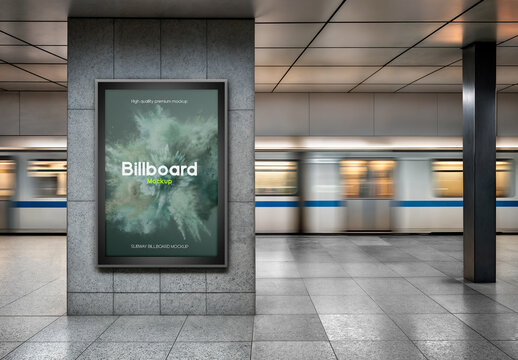 Digital Billboard on Subway Platform with Train Passing By