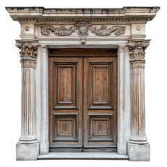 Obraz premium Weathered wooden double doors flanked by ornate columns, cut out. Isolated on a transparent background.