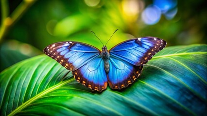 Fototapeta premium Miniature Blue Morpho Butterfly on Tropical Leaf, Tilt-Shift Photography