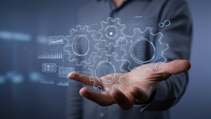 Caucasian male professional presenting digital gears in business attire Represents technology, innovation, and analytics