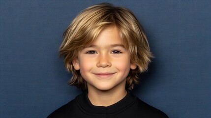 A cheerful young boy with tousled blonde hair smiles brightly, showcasing his youthful innocence. He stands in front of a solid blue background, emphasizing his joyful expression