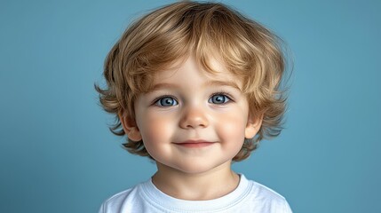 Naklejka premium A young child with soft curly hair and captivating blue eyes beams with happiness. The cheerful expression radiates innocence against a serene blue backdrop, making for an uplifting moment