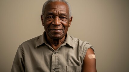 Black elderly man smiling after vaccination, neutral background highlights health awareness and community engagement