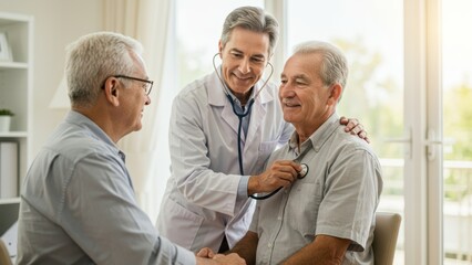 Obraz premium Caucasian doctor consults senior Hispanic patient in a medical office Focus on healthcare, trust, and diversity