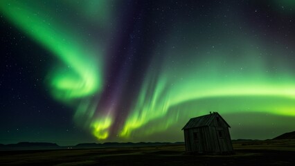 Obraz premium Northern lights illuminate sky over wooden cabin in Iceland Showcase of natural beauty and adventure travel