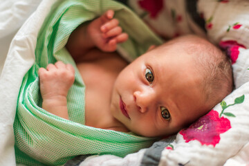 Wide-Eyed Newborn Wrapped in a Green Blanket