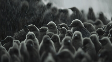 Obraz premium dense colony of king penguin chicks huddled together in rain