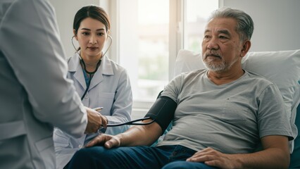 Fototapeta premium Asian nurse assists elderly Asian man during blood pressure check in doctor's office Diversity, healthcare, patient care