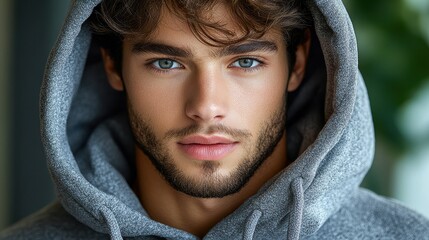 A young man with captivating blue eyes and light stubble looks directly at the camera while wearing a cozy gray hoodie. The setting appears warm and inviting, perfect for a candid moment