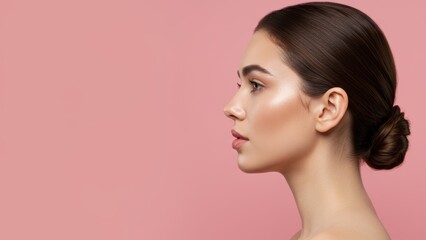 Fototapeta premium Caucasian young woman in side profile with smooth skin against pink background showcasing beauty portrait concepts