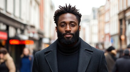 Fototapeta premium A man wearing a black coat stands in a busy city street, exuding confidence while surrounded by pedestrians moving in various directions in a winter setting