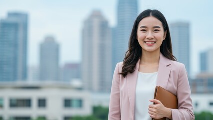 Fototapeta premium Asian woman smiling in business attire, holding a laptop, in urban environment with city skyline Concepts of diversity and empowerment