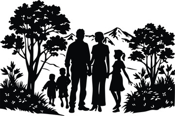 Family walking in park in spring silhouette