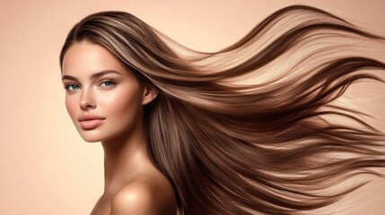 Fototapeta premium Stunning Woman with Flowing Long Brown Hair, Beauty and Haircare Concept
