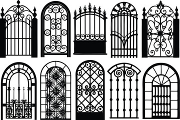 Decorative fence set silhouette vector Iron gates and fences set silhouette