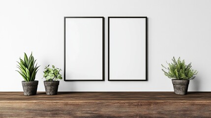 2 empty black picture frames on the wall above a wooden table, with plants beside them, minimalist decor, modern style, interior design, mockup style, white background