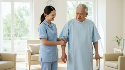 Obraz premium Asian nurse assists elderly Asian man in indoor healthcare setting promoting wellness and compassion