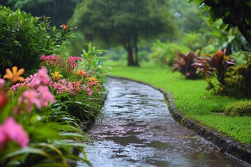 Rainy Day Garden Path Lush Flowers Green Nature Tranquil Peaceful Serene Beautiful Vibrant Colorful Blooming Summer Spring Floral Pathway Stone 