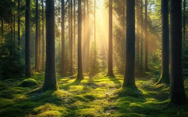 Fototapeta premium Sunlight Filtering Through Tall Trees in a Lush Green Forest Creating a Tranquil and Serene Natural Environment