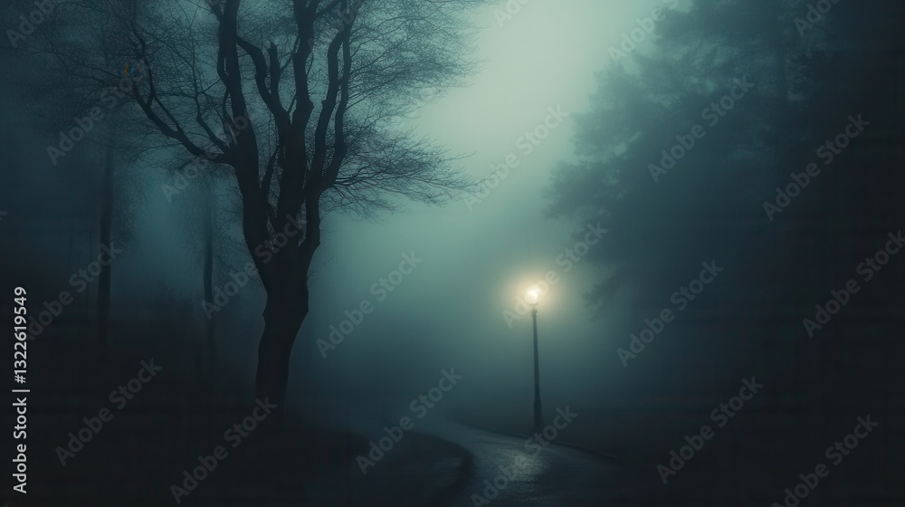 Aufkleber Dark and eerie forest path illuminated by a distant street lamp amidst fog and twisted trees at twilight