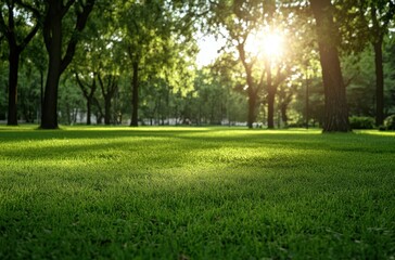 Obraz premium Sunlight Filtering Through Trees in a Serene Park Setting with Lush Green Grass in the Foreground and Gentle Shadows Cast on the Ground