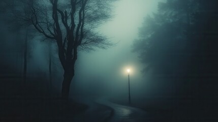 Dark and eerie forest path illuminated by a distant street lamp amidst fog and twisted trees at twilight