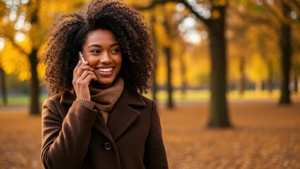 Young African American woman using smartphone outdoors in autumn park Mood is cheerful and relaxed, reflecting social connection