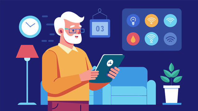 A retired veteran easily controlling their homes lighting and thermostat settings through a smart home automation app on their tablet.. Vector illustration
