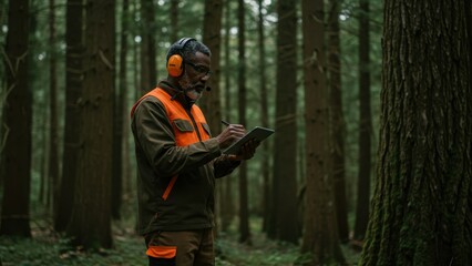 Fototapeta premium African American elderly man in forest wearing safety gear, using tablet for logging assessment, highlighting sustainability