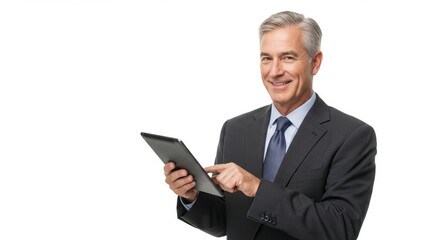 Middle aged Caucasian businessman holding tablet in office setting, projecting professionalism and positivity Concepts: communication, technology