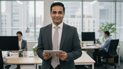 Fototapeta premium Indian businessman holding tablet in modern office with diverse employees Represents professional teamwork and urban business culture