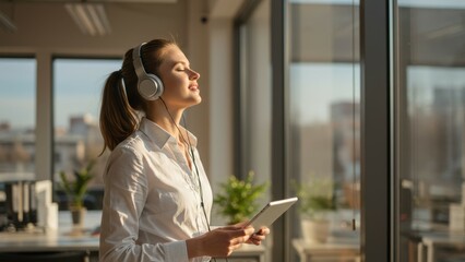 Fototapeta premium Young Caucasian woman listening to music with headphones in modern office with natural light Represents wellness and productivity
