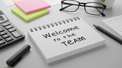Office workspace with 'Welcome to the Team' note, calculator, glasses, and stationery Emphasizes teamwork and professional growth