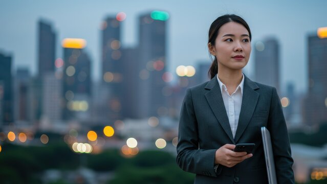 Asian businesswoman holding smartphone stands in front of urban skyline at dusk, reflecting modern corporate lifestyle and technology use