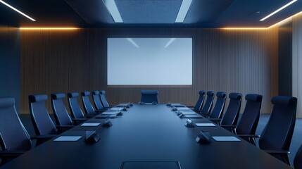 Naklejka premium Modern conference room with large presentation screen and comfortable seating for collaborative meetings