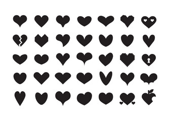 Complete black ink silhouette and isolated different assorted heart shapes icons design element set on white background 