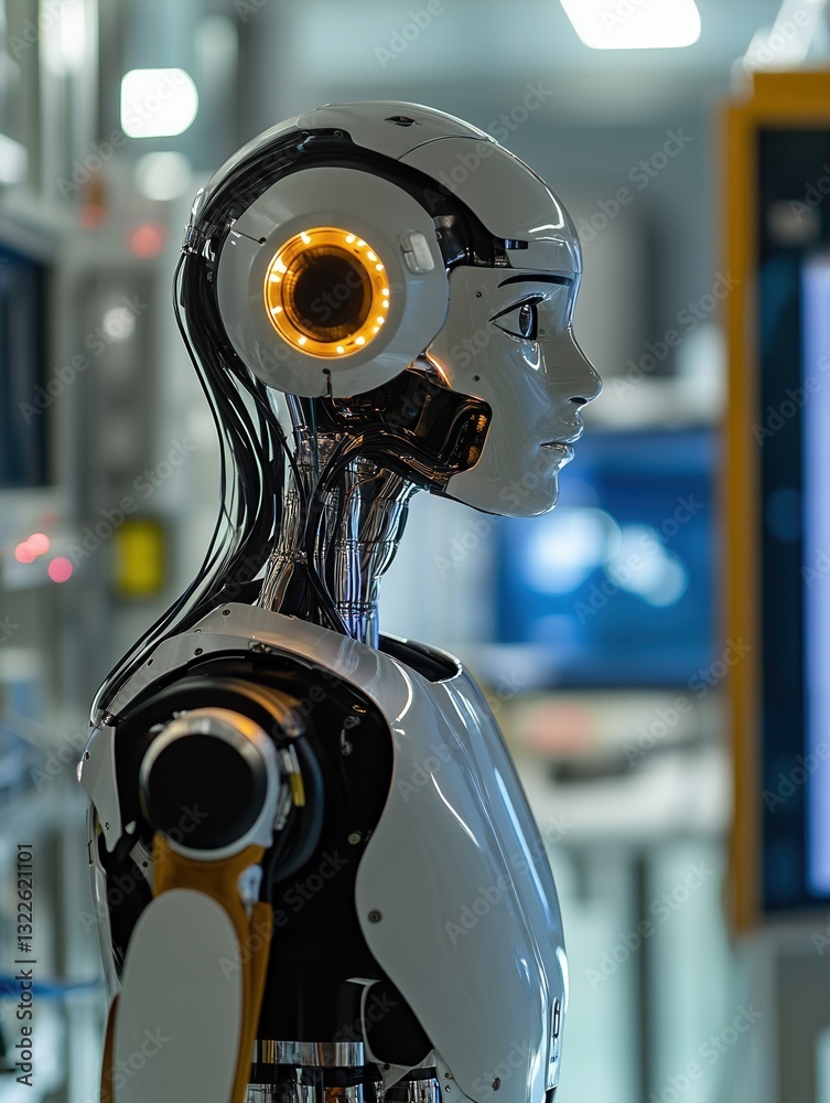 Aufkleber Robotic figure positioned in a high-tech laboratory with advanced computer screens and blinking lights during a research session