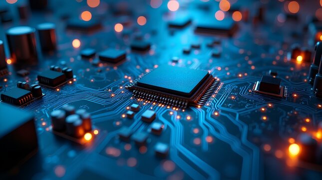 High-tech circuit board background, abstract digital technology presentations, electronic components, digital infrastructure, AI blue tech theme modern electronics evolution expansion background image