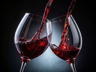 Minimalist Red Wine Pour, Glasses Toast, Dark Background Stock Photo
