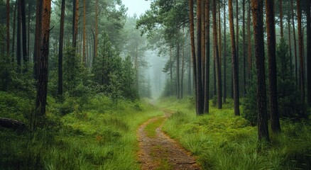 Obraz premium Tranquil Forest Path Surrounded by Lush Greenery and Tall Trees in a Misty Environment for Nature and Outdoor Concepts