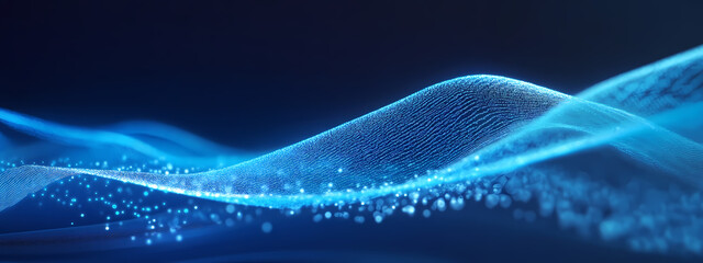 Fototapeta premium Data Flow Visualization: A captivating visual representation of data streaming across a dark backdrop, highlighted by flowing blue waves that suggest movement, connectivity, and digital intricacy.