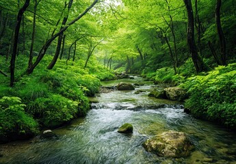 Tranquil Forest Stream with Lush Green Foliage and Gentle Flowing Water in Serene Natural Environment
