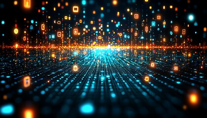 Abstract digital landscape with bright particles and lines of data