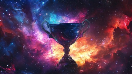 Glowing Trophy in Cosmic Nebula Galaxy - Achievement and Success Illustration