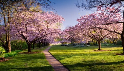 Obraz premium Vibrant Blossoms Blooming in a Lively Spring Park, Painted with Rich Colors and Textures, Filled with Joy and Life in the Early Morning Light.