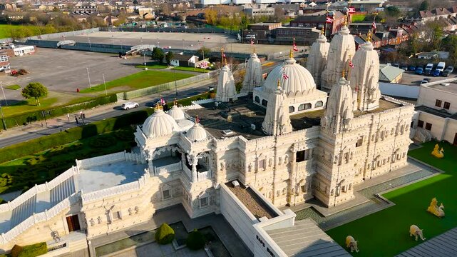 Aerial view of Hindu temple of BAPS Shri Swaminarayan Mandir in Wembley, London, UK