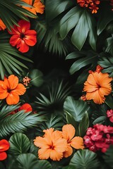 Fototapeta premium Vibrant Hibiscus and Lush Greenery Create a Tropical Garden Frame