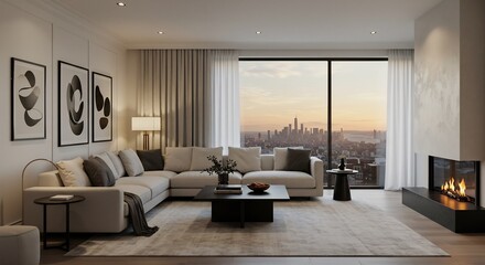 Fototapeta premium Modern apartment living room boasts calming neutral tones and breathtaking sunset city view. AI Generated