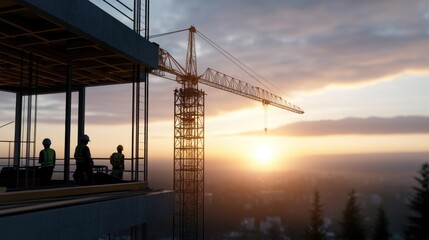 Fototapeta premium Construction workers in hard hats stand on a high rise building's edge, watching the sunset over the city skyline. A crane looms nearby, silhouetted against the colorful sky